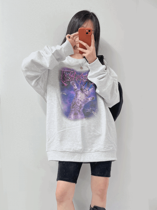 [빅사이즈/남녀공용] 루즈핏 오버핏 우주 캣 쭈리 맨투맨 티셔츠