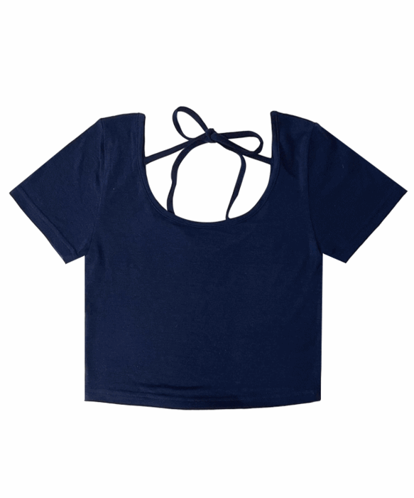 뒷 리본 크롭 유넥 끈 반소매 티셔츠